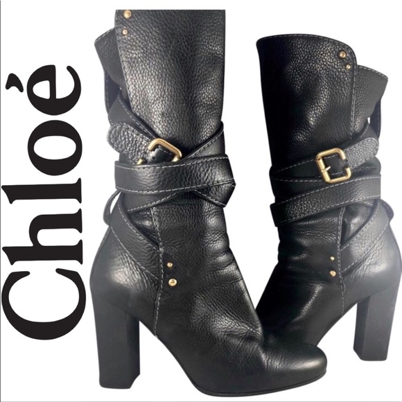 Chloe Shoes - Chloe Black Leather Paddington Wrap Buckle Boots